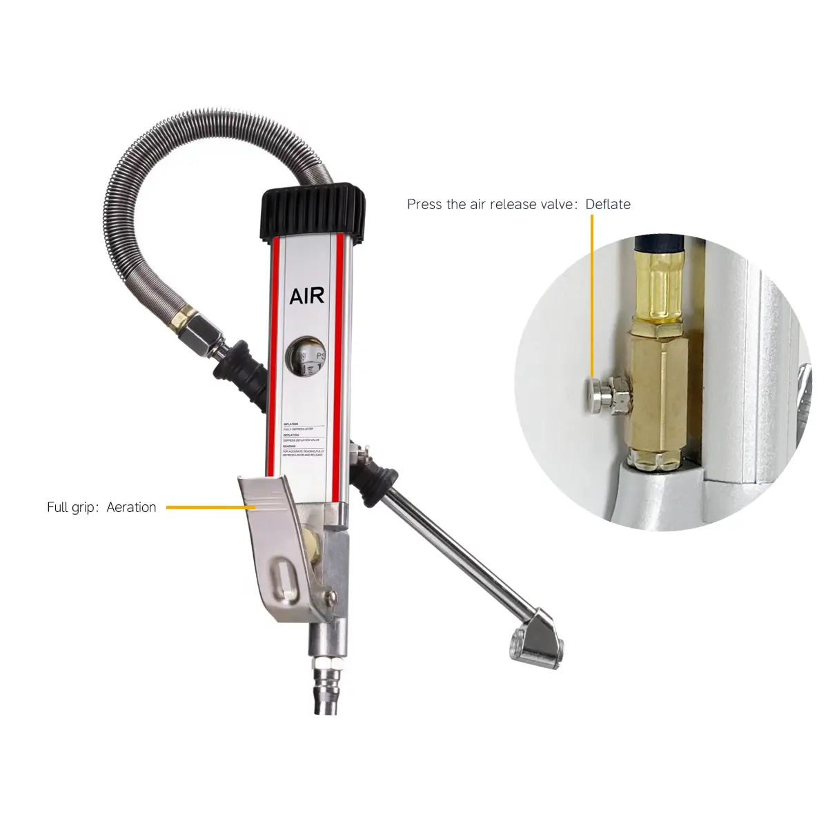 SEAPENG DP-704 Portable Metal Silver Scale Dial Tire Inflator Pressure Gauge 200psi Max Pressure Pistol Grip Inflate/Deflate Gun