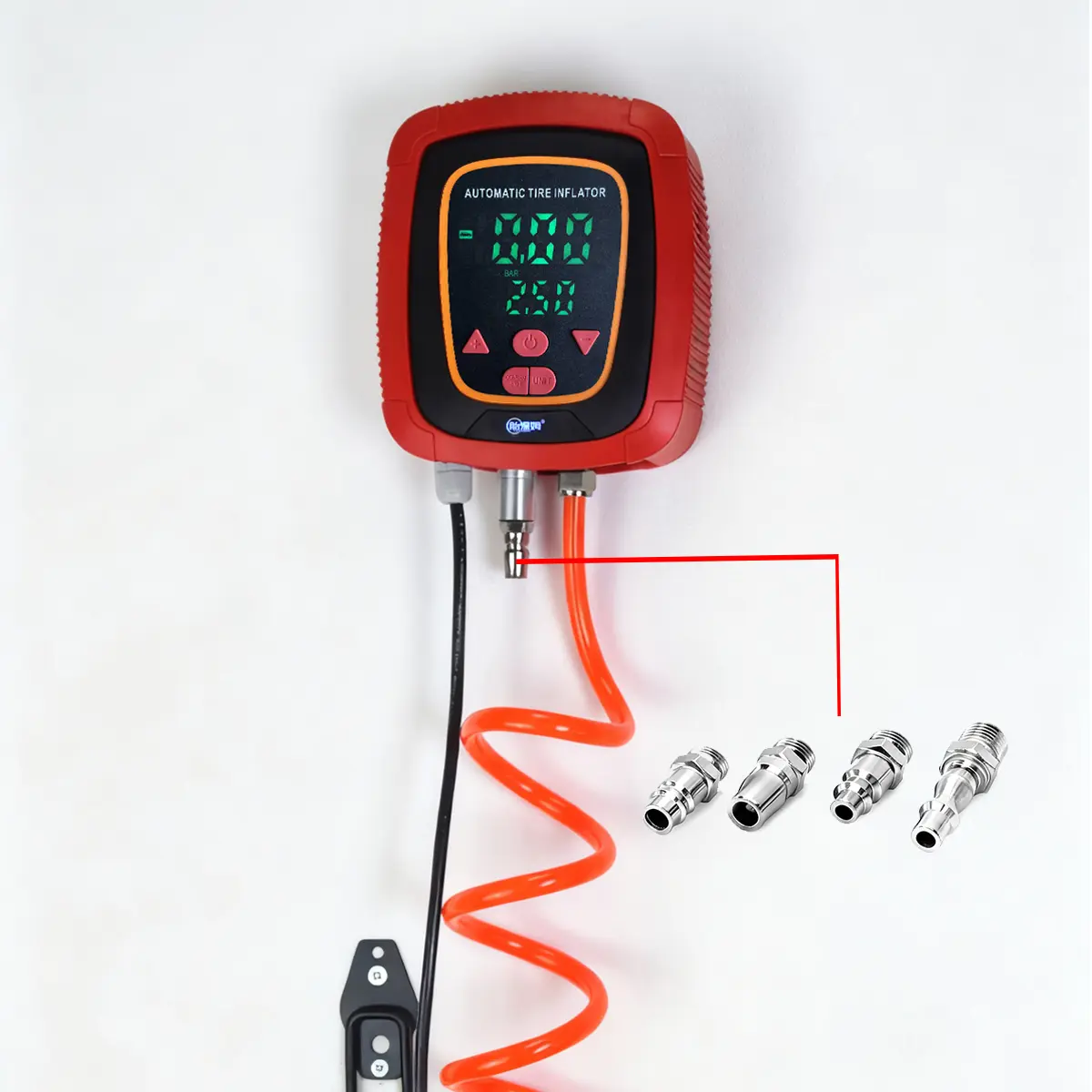 Wall mounted tire inflator for all vehicle models