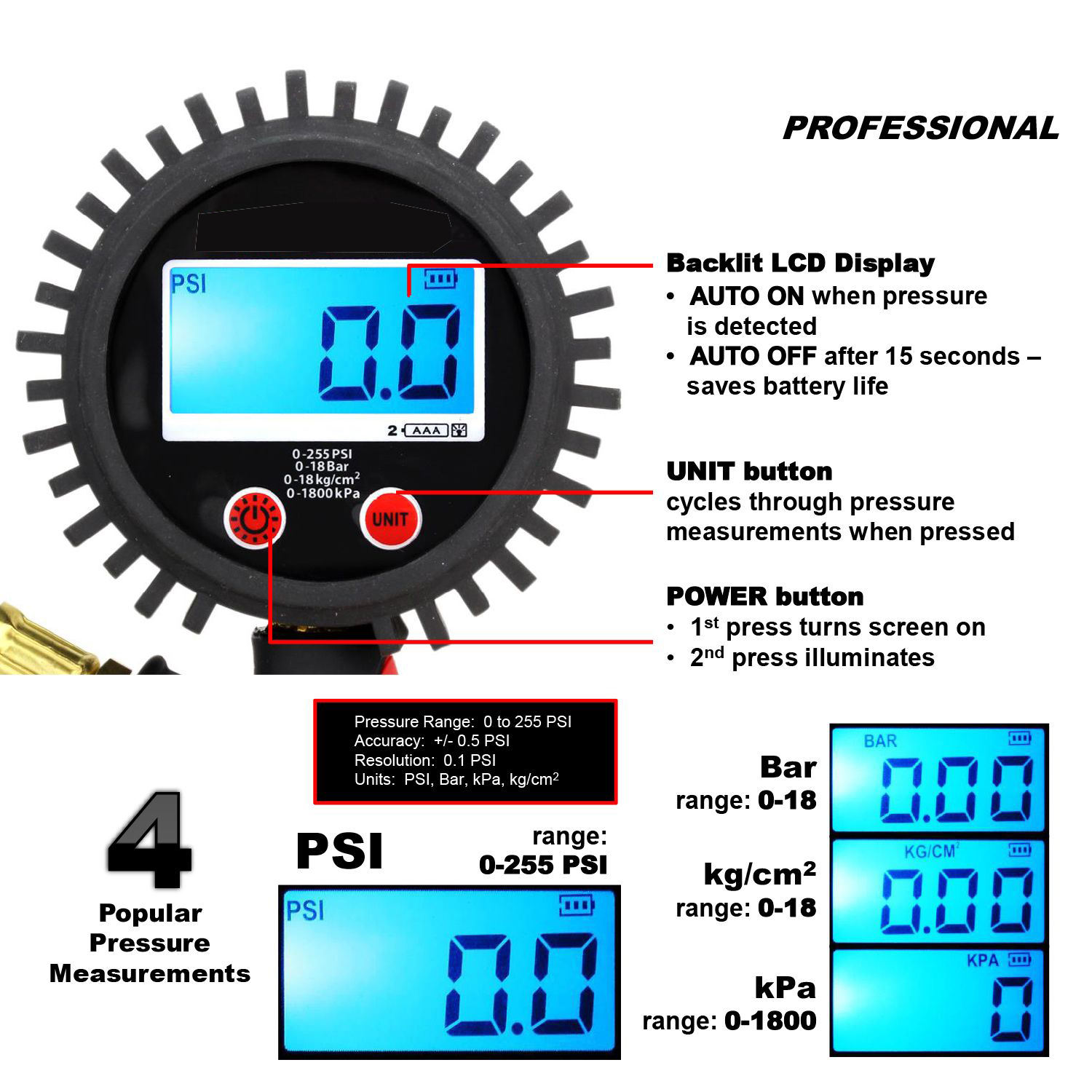 SEAPENG DP-B05 Accurate and Easy-to-read LCD Digital Tire Pressure Gauge with AAA Battery Multiple Thread Specifications for Precise Monitoring