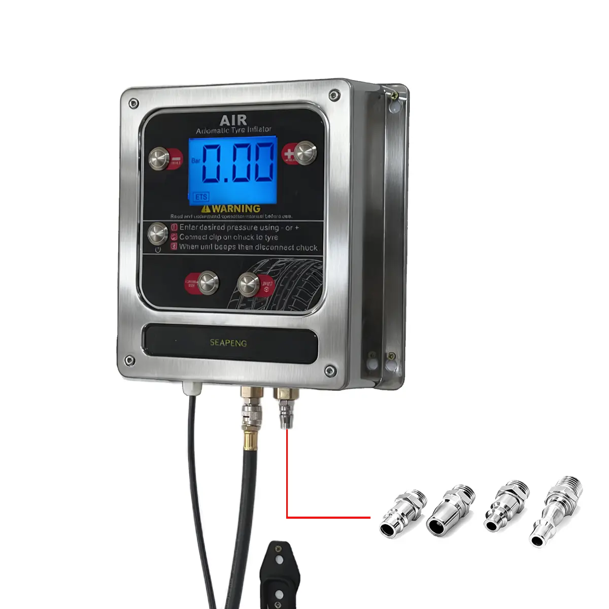 Wall mounted aluminum tire inflator, capable of simultaneously inflating 4 tires